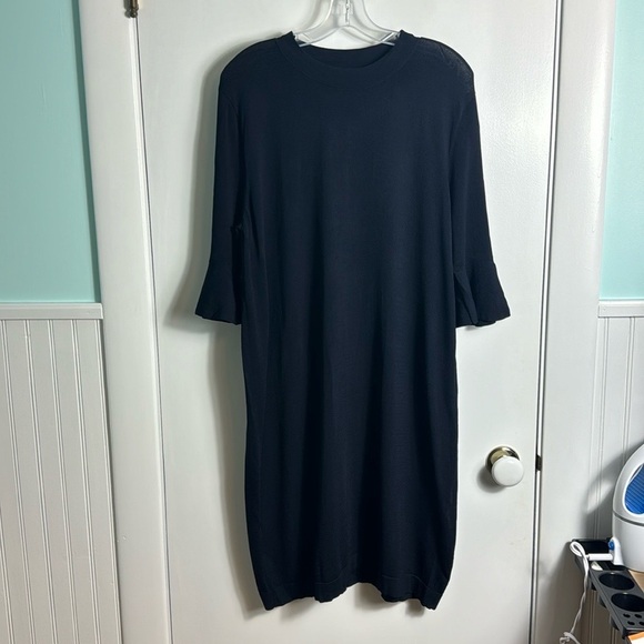 Cos Flared Sleeve Knitted Minimalist Preppy Dark Navy Blue Mini Dress Large - Picture 2 of 11